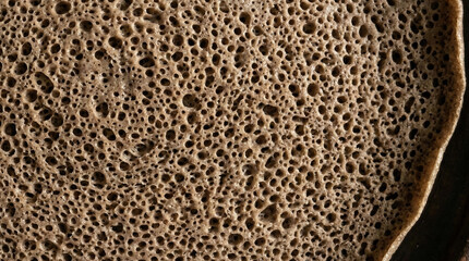 Extreme macro of Ethiopian Injera flatbread showing porous spongy texture