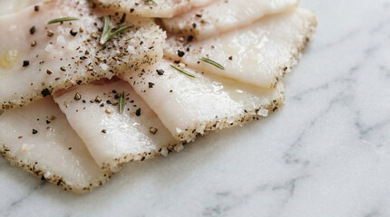 Slices of pure white Lardo di Colonnata curing on Carrara marble