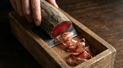 Traditional Katsuobushi dried bonito block being shaved on wooden grater