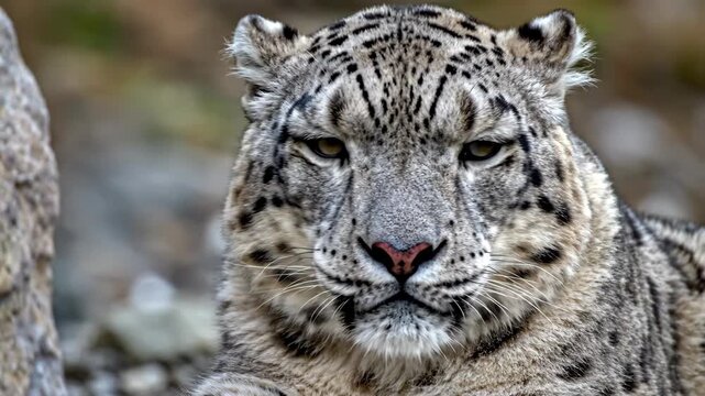 Snow Leopard Close Up Portrait with Detailed Fur Pattern and Expressive Gaze