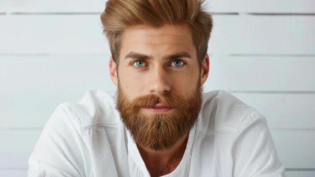 Confident Portrait: A handsome man with striking features and a distinguished beard gazes confidently at the viewer. Embodying style and charisma.
