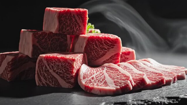 Premium marbled beef cubes and slices arranged artfully on a dark slate surface