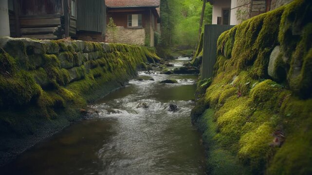 Serene Stream in Mossy Village.