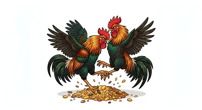 These roosters are fighting over food