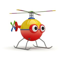 Colorful robot toy with helicopter propeller on top and metal legs standing on white background