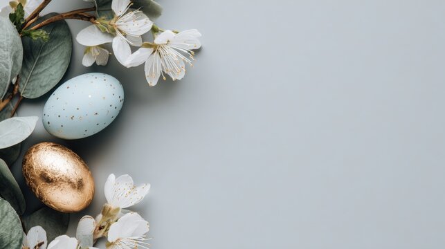 Pastel blue and golden Easter eggs with white spring blossoms and eucalyptus leaves on a light blue background with copy space.
