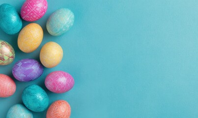Colorful decorated Easter eggs arranged on a blue background with copy space on the right.