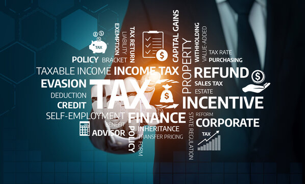 A businessman interacts with digital graphics representing various tax and finance elements, highlighting keywords related to taxation, incentives, and financial policies. Tessel
