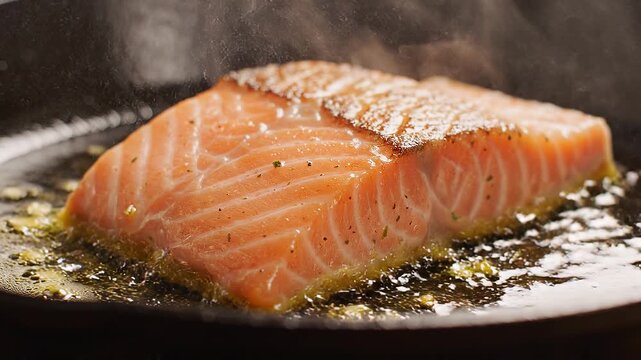 Close-up of a vibrant raw salmon fillet sizzling in a hot pan with melted butter and aromatic herbs, preparing a gourmet culinary meal