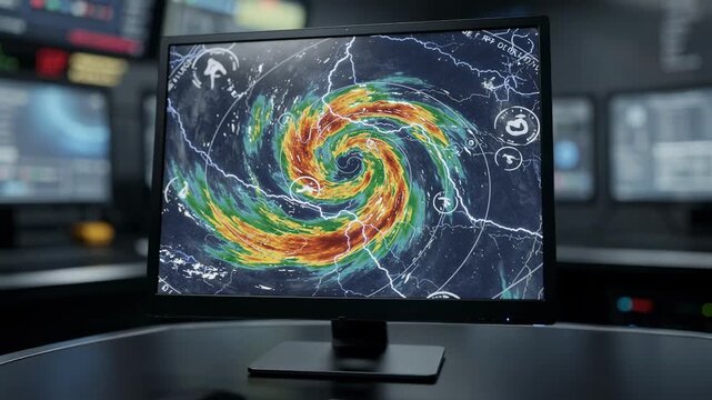 Medium shot of a control room monitor displaying vibrant storm alert graphics with automated scheduling adjustments in sharp focus background softly blurred.