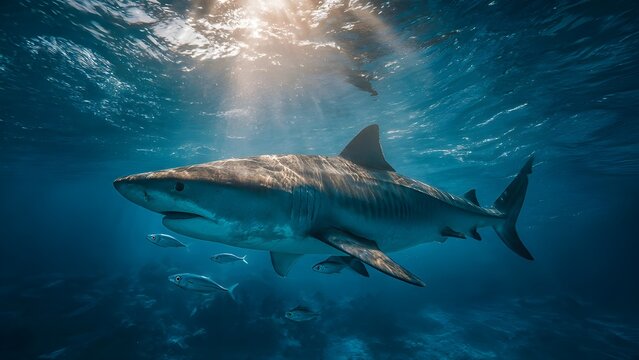 Tiger Shark Swimming Under Sunlight in Deep Blue Ocean with Small Fish