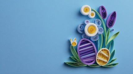 Colorful quilled paper Easter eggs and spring flowers arranged on a light blue background with copy space.