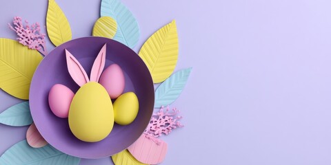Fototapeta premium Pastel Easter eggs with bunny ears in a purple bowl on colorful leaves over lilac background, copy space for holiday greeting or seasonal design.