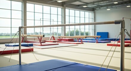 Gymnastics balance beam in training gym with padded mats