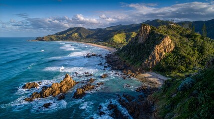 Fototapeta premium Coastal view with cliffs, sea, and shoreline under a cloudy sky in a natural setting