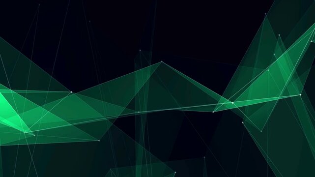 Abstract green geometric plexus network floating in dark digital space.