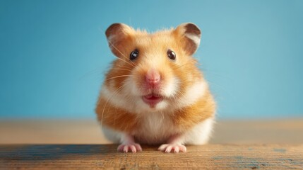Cheerful golden-brown hamster sitting and looking at the camera indoors during daytime