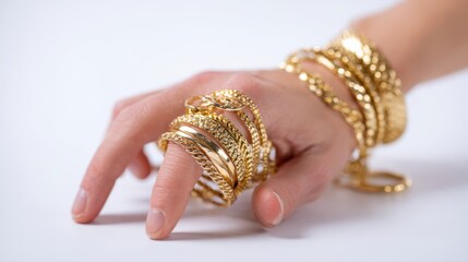 Naklejka premium Female hand holding multiple gold bracelets in a close-up view during daylight at home
