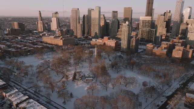 Drone footage of Fort Greene Park at sunrise