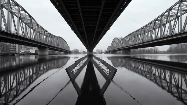 Symmetrical bridge over calm water