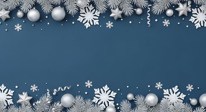 Festive winter decorations adorn the top and bottom of a blue background, perfect for a holiday-themed design. The design includes ornaments, snowflakes, and festive greenery.
