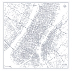 Naklejka premium New York City Map - Detailed Manhattan Street Grid and Waterways