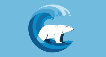 Obraz premium Polar bear riding a wave in the ocean viewed from the side in an illustration