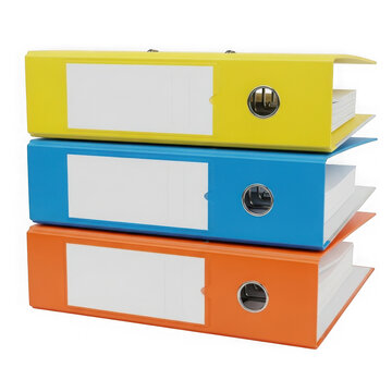A stack of colorful file storage boxes with a cat peeking out from the top