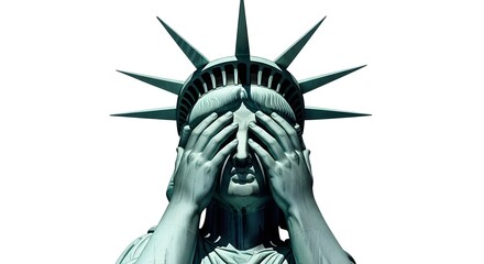 Fototapeta premium Statue of liberty covering her face with hands in distressing pose