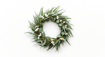 Christmas Wreath with Green Leaves and White Flowers on White