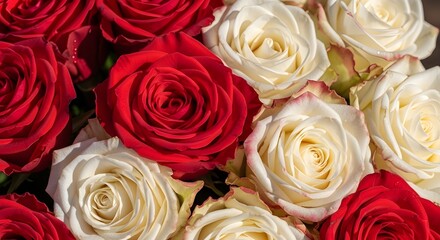 Elegant bouquet of red and white roses in full bloom