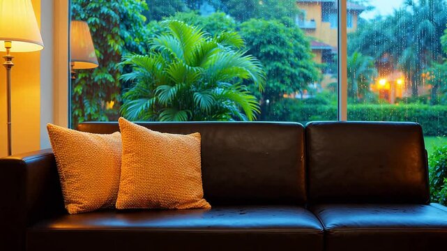 Sofa with pillows near rainy window