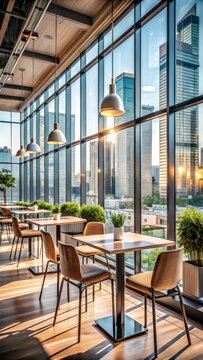 A photo of a sleek modern cafe with expansive glass windows reflecting the cityscape, clean and airy interior, largewindow panes, urban environment,