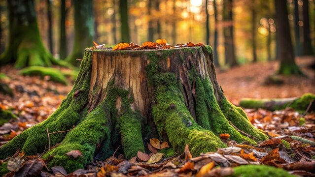 A photo of a weathered hardwood tree stump with deep furrows and moss covering the surface, surrounded by fallen leaves and twigs The stump has a wid