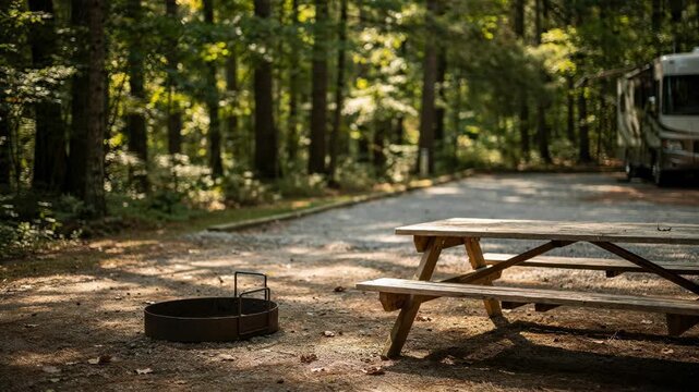 Medium shot highlighting a partially shaded RV parking area surrounded by dense trees the fire ring and picnic table sharply detailed amidst a blurred forest backdrop.