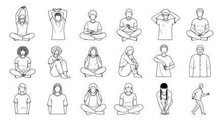 Fototapeta premium yoga poses people meditation sitting various emotions line art