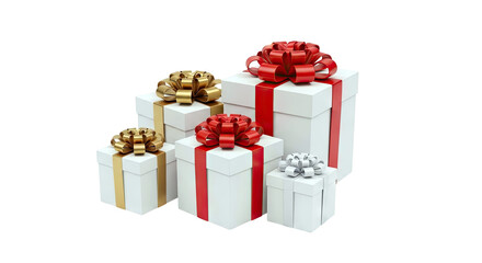 Group of White Gift Boxes with Colorful Ribbons