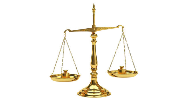 Justice, law, decisions concept Balanced gold scale isolated on white