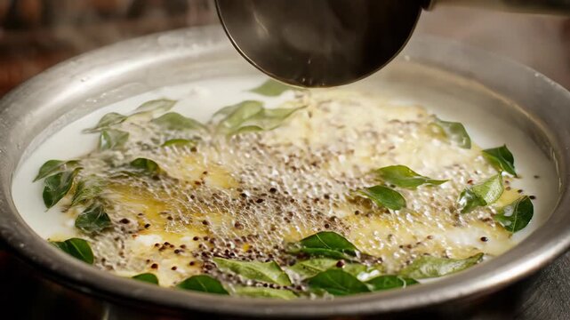 Rich Creamy White Soup Being Prepared With Fresh Green Curry Leaves And Spices Being Poured From A Ladle Into A Metal Bowl With Steam Rising From The Hot Liquid Creating A Cozy Atmosphere In A Warmly
