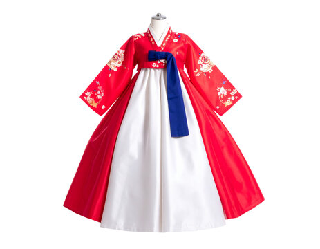 Traditional korean hanbok displayed on mannequin with vibrant red jeogori and flowing white chima accented by a blue dongjeon sash