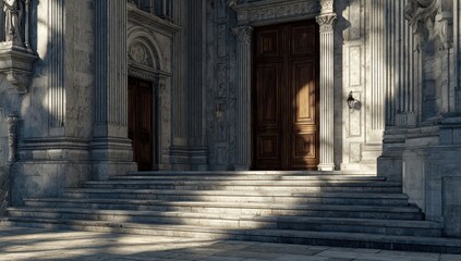 Fototapeta premium Grand Entrance - Sunlight on Ornate Stone Steps and Massive Wooden Doors.