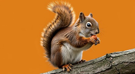 Fototapeta premium Brown squirrel sitting on tree branch eating an acorn on orange background