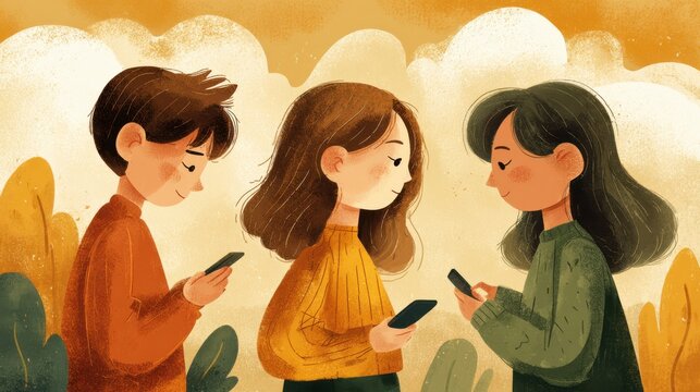 Illustration of children using digital devices in a calm environment. Clean design with negative space, representing digital literacy, modern education, and everyday technology use in childhood