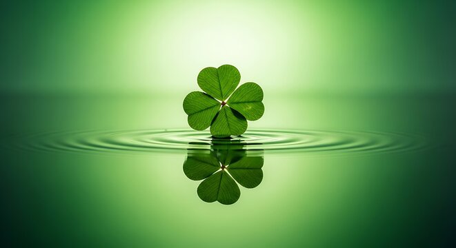 A four-leaf clover plant standing in calm water with ripples and a green gradient background with a bright light source
