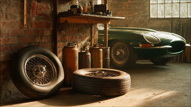 Vintage green sports car and two spare wheels on brick wall background in warm garage light