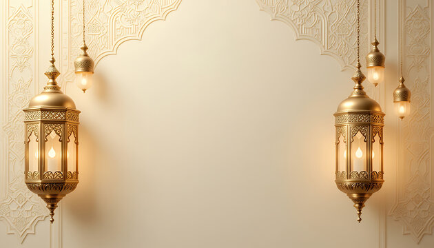 Hanging lanterns, ornate arabesque wall decor, warm interior lighting
