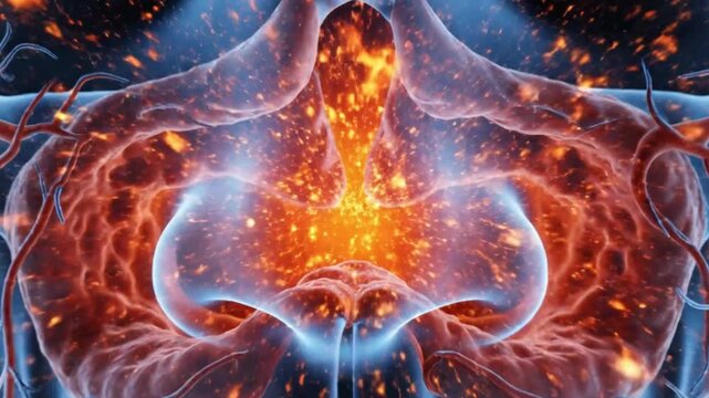 Animated 3D render showing human nasal cavity and paranasal sinuses with glowing orange inflammation or infection, depicting medical condition within the facial anatomy, scientific animation.