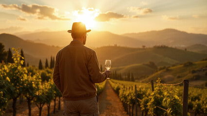 Winemaker with a glass of wine against the backdrop of a vineyard during sunset. Created using generative AI tools