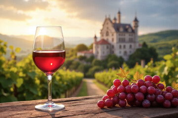 A glass of red wine against the backdrop of a medieval estate with a vineyard during sunset. Created using generative AI tools