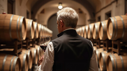 Winemaker with a glass of wine in a wine cellar. Created using generative AI tools.